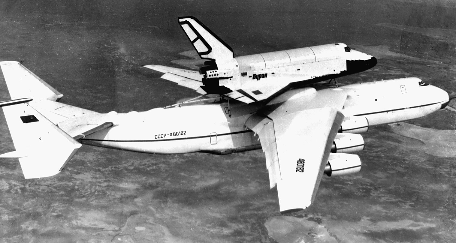An-225 carrying the Buran orbiter in flight, 1989